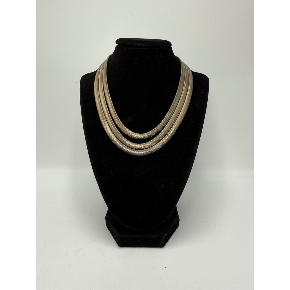 Vintage Silver Tone‎ Triple Strand Omega Chain Necklace Tiered Herringbone 17 In